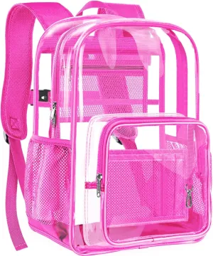 Clear Backpack Heavy Duty Large Transparent Backpack with Reinforced Bottom Multi-pockets for College, Travel, Workplace Security - Pink