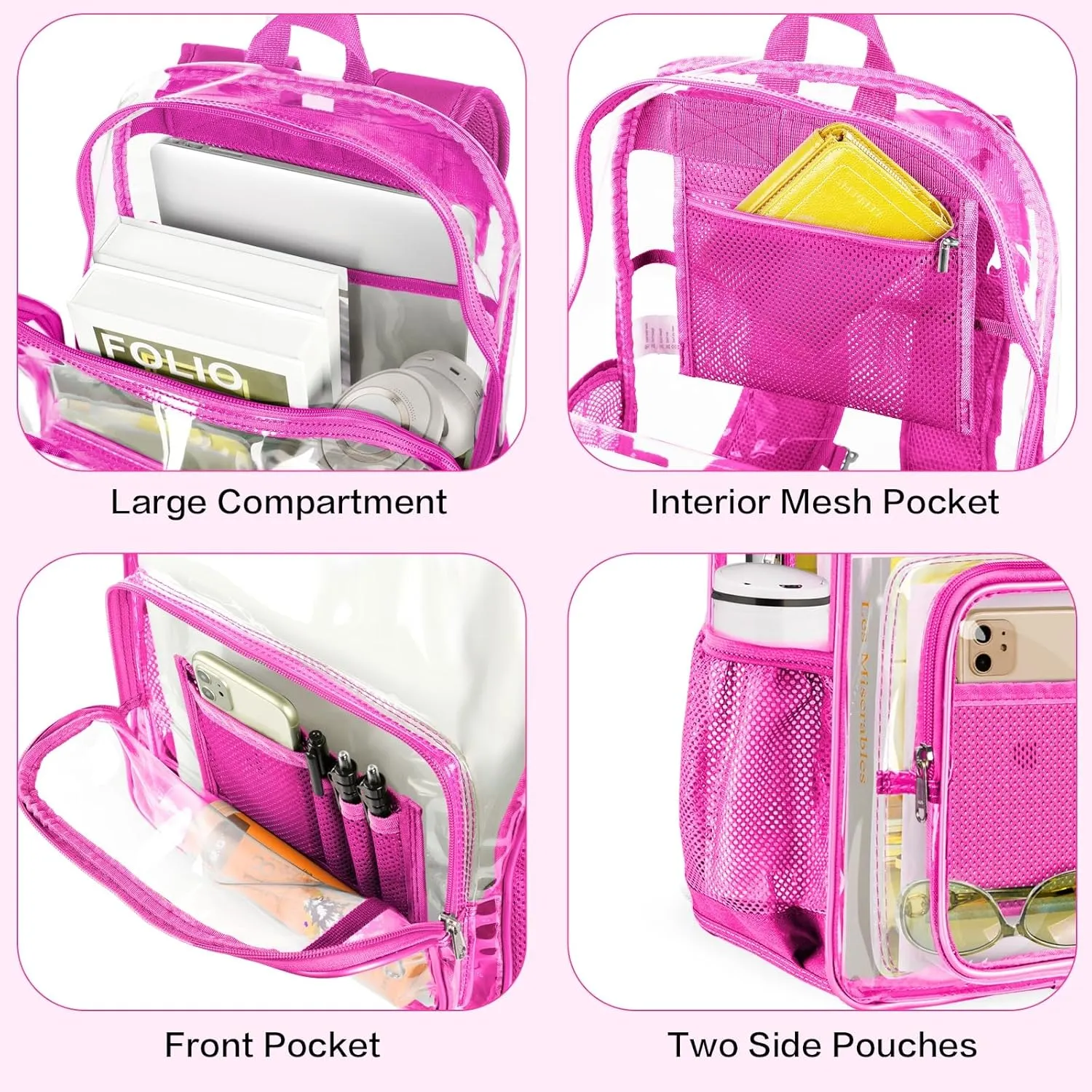 Clear Backpack Heavy Duty Large Transparent Backpack with Reinforced Bottom Multi-pockets for College, Travel, Workplace Security - Pink