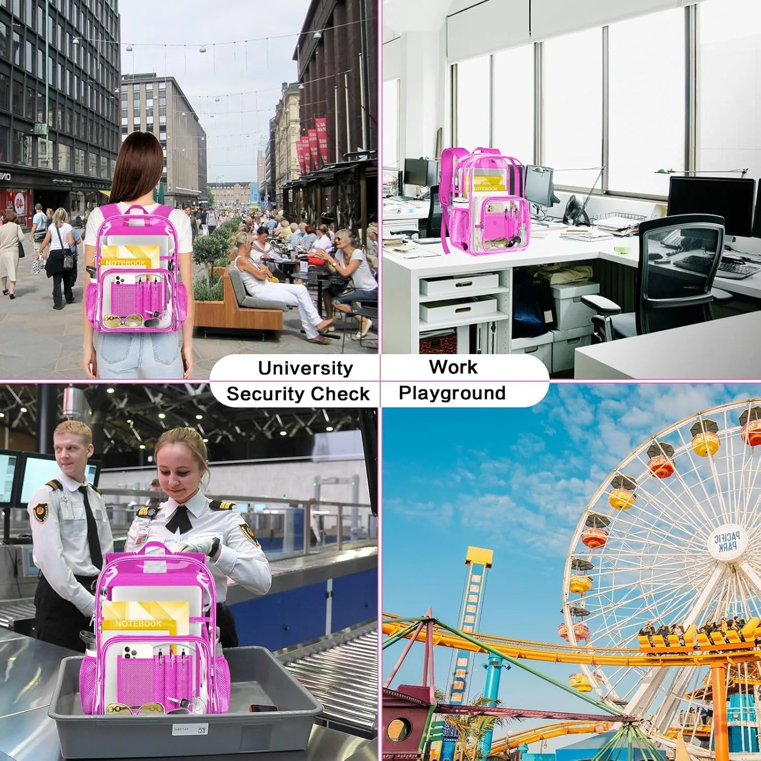 Clear Backpack Heavy Duty Large Transparent Backpack with Reinforced Bottom Multi-pockets for College, Travel, Workplace Security - Pink