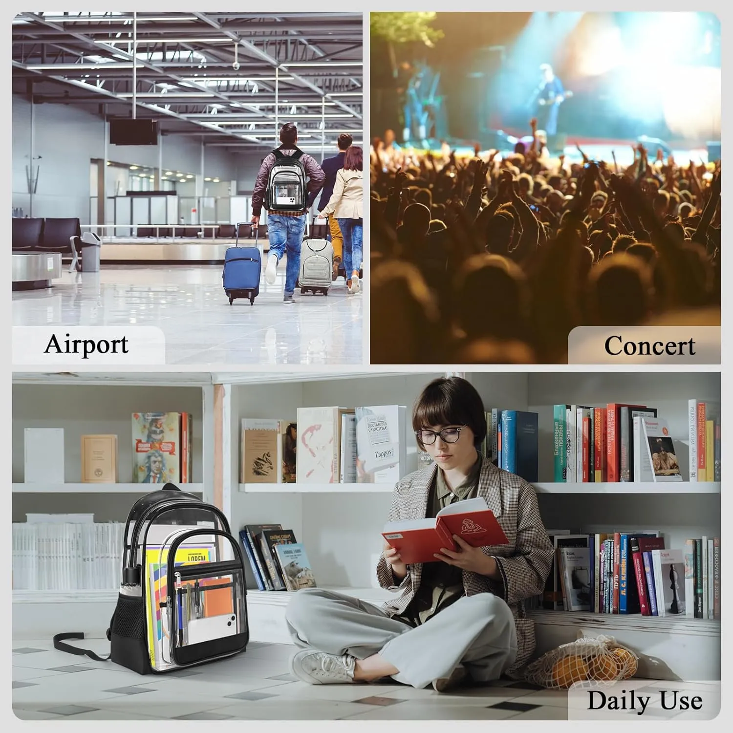 Clear Backpack, Heavy Duty PVC Transparent Backpack with Reinforced Straps, See Through Multiple Pockets Large Capacity Bookbag for Concert Sport Event Work Security Travel Black-large