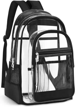 Clear Backpack, Heavy Duty PVC Transparent Backpack with Reinforced Straps, See Through Multiple Pockets Large Capacity Bookbag for Concert Sport Event Work Security Travel Black-large