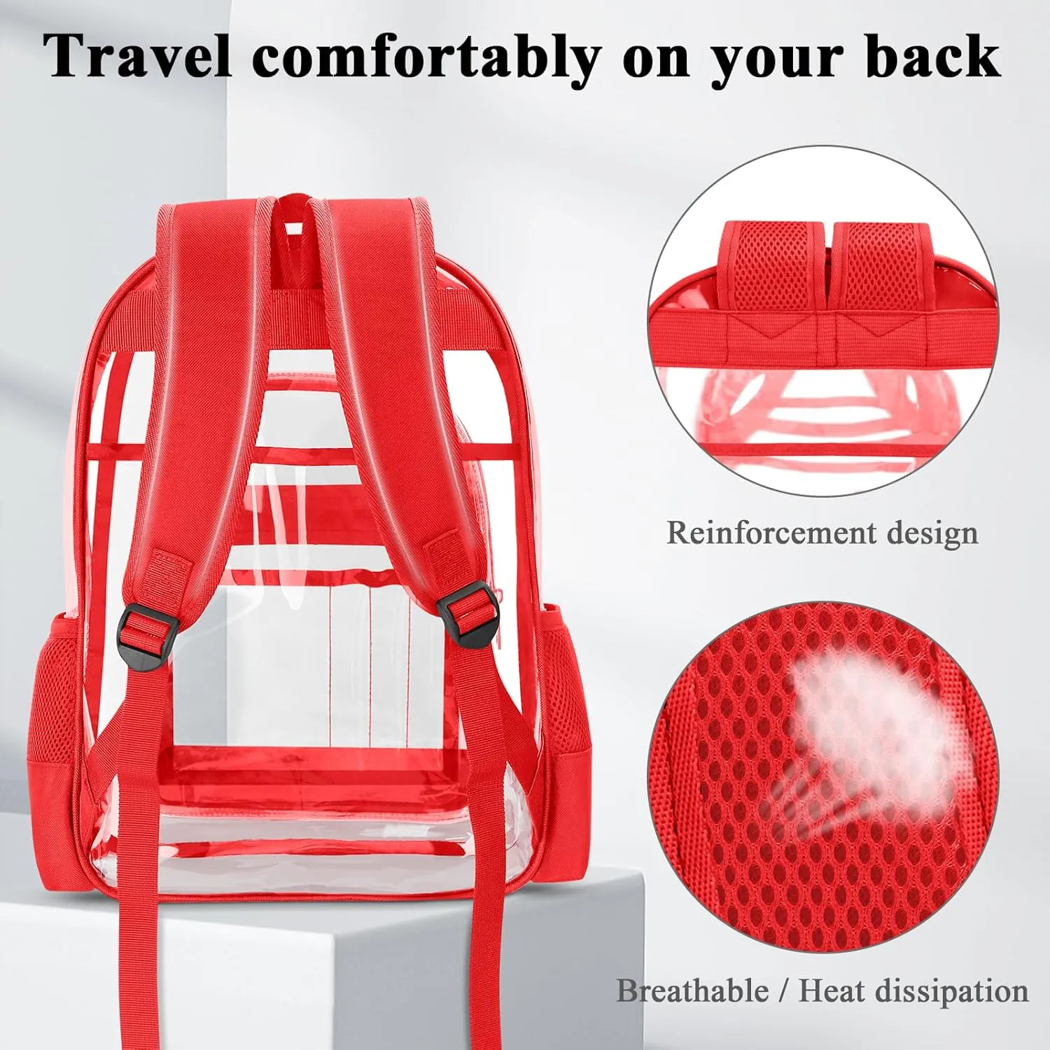 Clear Backpack, Heavy Duty PVC Transparent Backpack with Reinforced Straps, See Through Multiple Pockets Large Capacity Bookbag for Concert Work Security Travel Festival (Red)