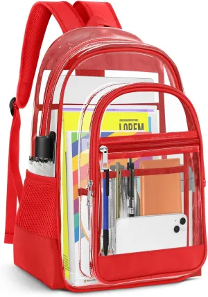 Clear Backpack, Heavy Duty PVC Transparent Backpack with Reinforced Straps, See Through Multiple Pockets Large Capacity Bookbag for Concert Work Security Travel Festival (Red)
