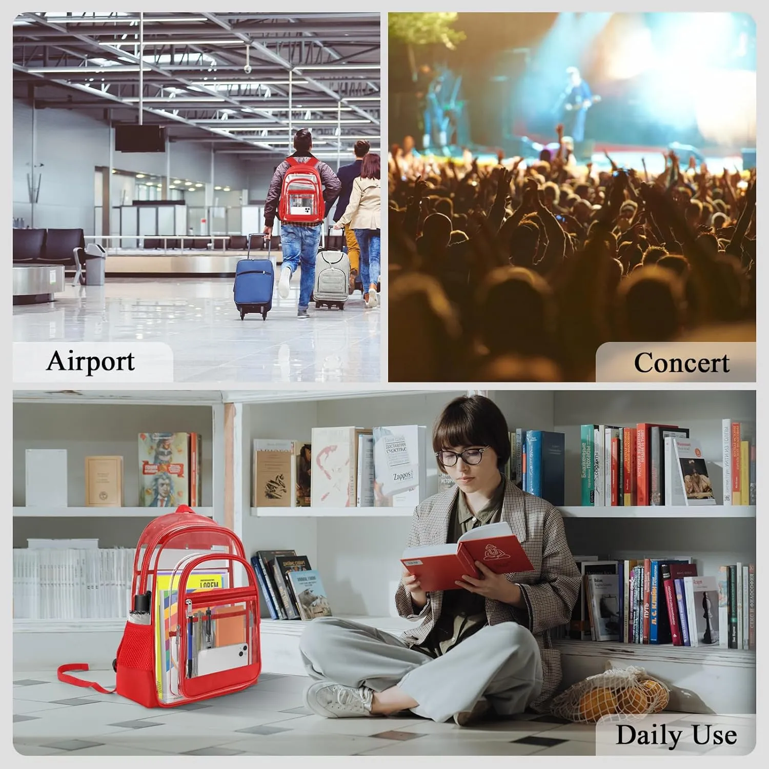 Clear Backpack, Heavy Duty PVC Transparent Backpack with Reinforced Straps, See Through Multiple Pockets Large Capacity Bookbag for Concert Work Security Travel Festival (Red)