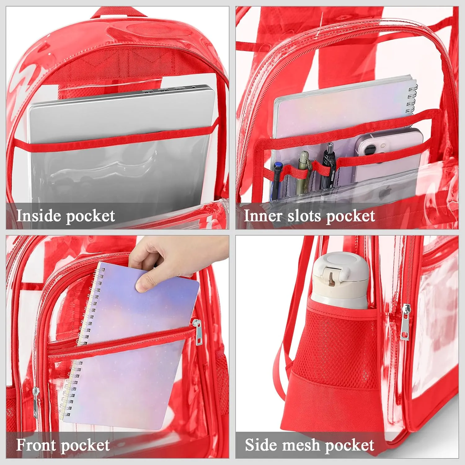 Clear Backpack, Heavy Duty PVC Transparent Backpack with Reinforced Straps, See Through Multiple Pockets Large Capacity Bookbag for Concert Work Security Travel Festival (Red)