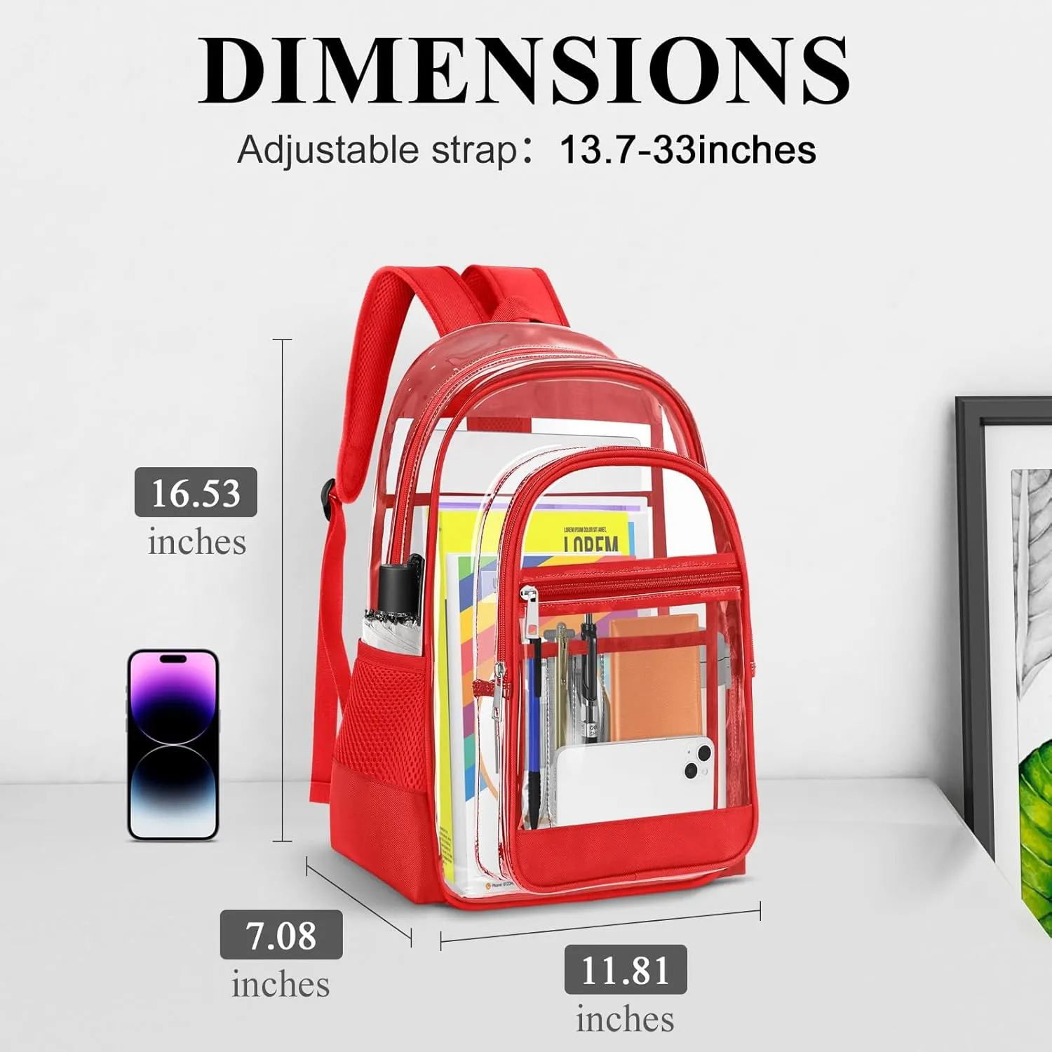 Clear Backpack, Heavy Duty PVC Transparent Backpack with Reinforced Straps, See Through Multiple Pockets Large Capacity Bookbag for Concert Work Security Travel Festival (Red)
