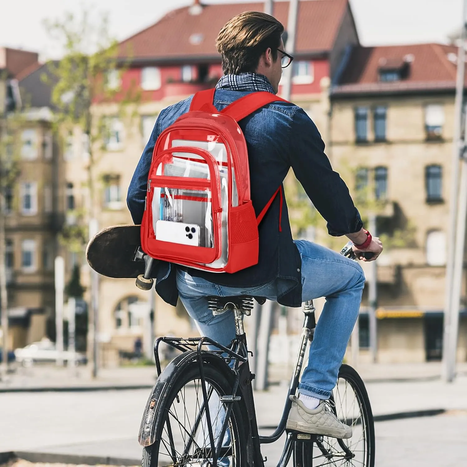 Clear Backpack, Heavy Duty PVC Transparent Backpack with Reinforced Straps, See Through Multiple Pockets Large Capacity Bookbag for Concert Work Security Travel Festival (Red)