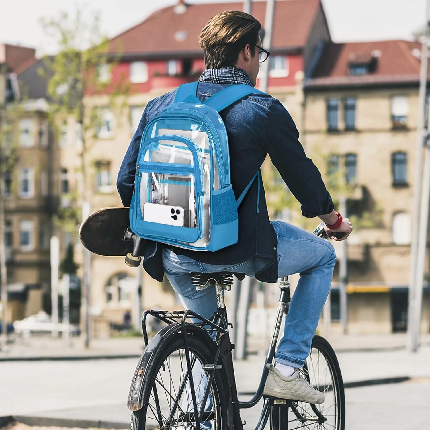 Clear Backpack, Heavy Duty PVC Transparent Backpack with Reinforced Straps, See Through Multiple Pockets Large Capacity Bookbag for Sport Event Work Security Travel Festival (Lake Blue)