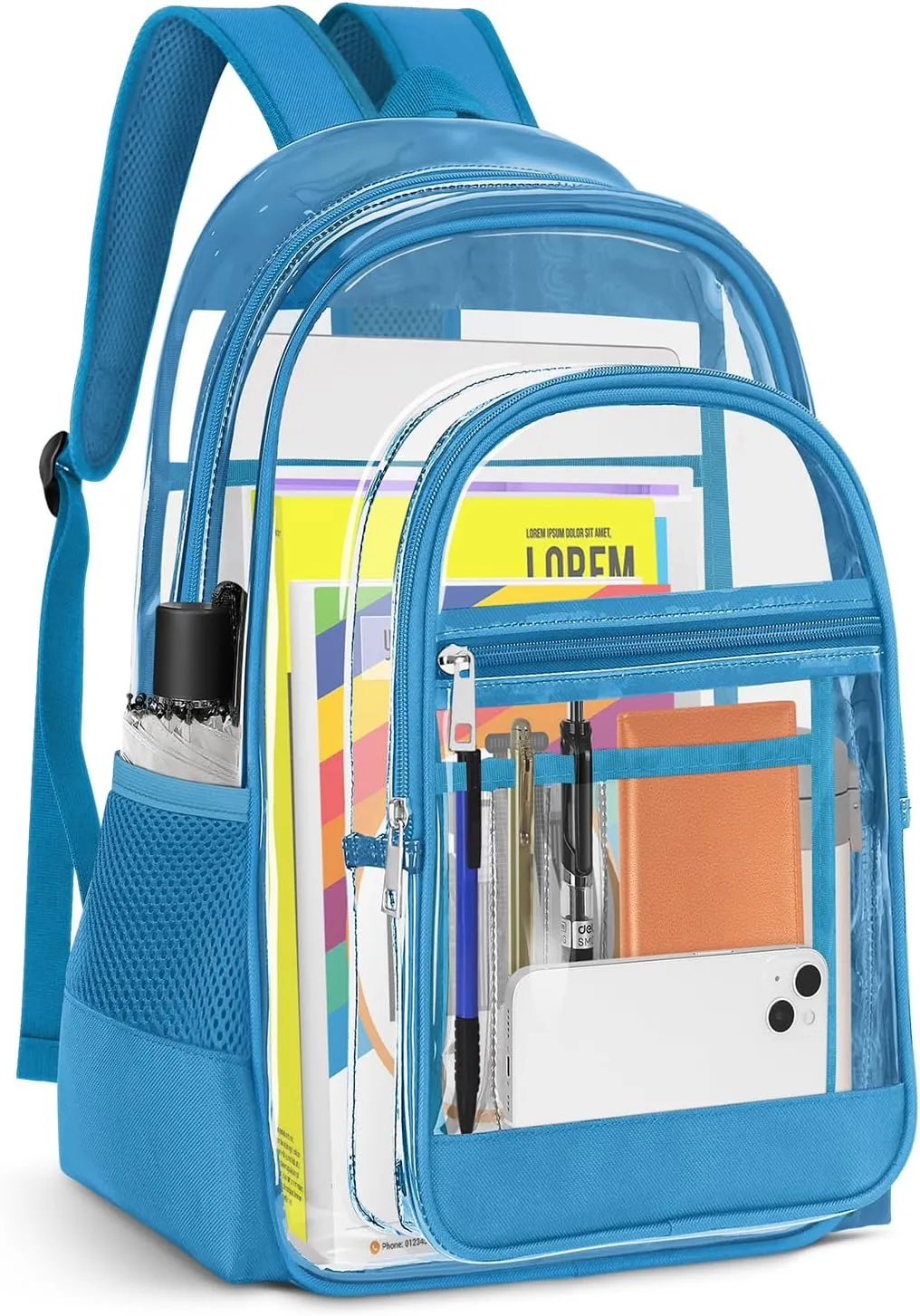 Clear Backpack, Heavy Duty PVC Transparent Backpack with Reinforced Straps, See Through Multiple Pockets Large Capacity Bookbag for Sport Event Work Security Travel Festival (Lake Blue)