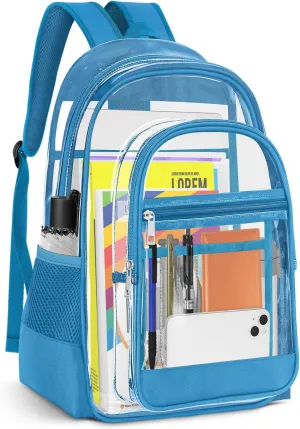 Clear Backpack, Heavy Duty PVC Transparent Backpack with Reinforced Straps, See Through Multiple Pockets Large Capacity Bookbag for Sport Event Work Security Travel Festival (Lake Blue)