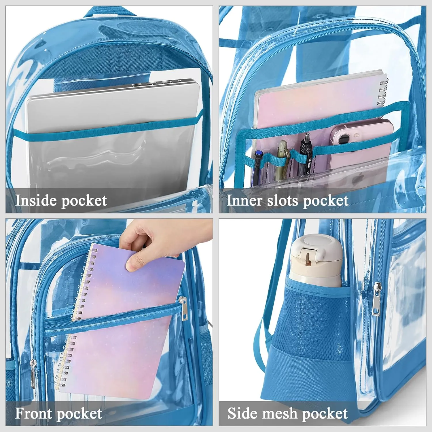 Clear Backpack, Heavy Duty PVC Transparent Backpack with Reinforced Straps, See Through Multiple Pockets Large Capacity Bookbag for Sport Event Work Security Travel Festival (Lake Blue)