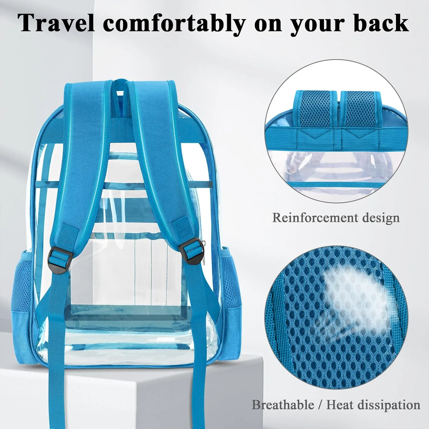 Clear Backpack, Heavy Duty PVC Transparent Backpack with Reinforced Straps, See Through Multiple Pockets Large Capacity Bookbag for Sport Event Work Security Travel Festival (Lake Blue)