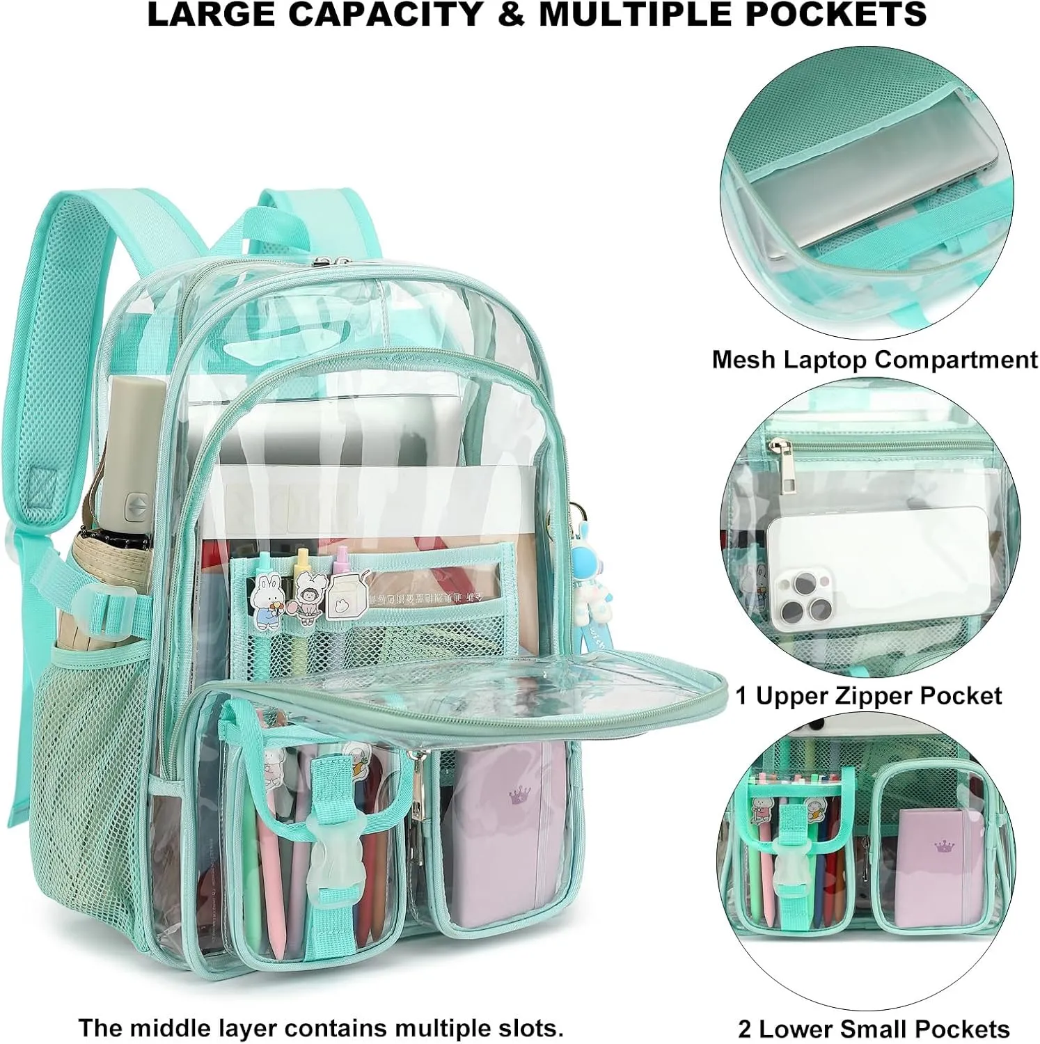 Clear Backpack Heavy Duty Transparent Backpacks Stadium Approved for School Work Sport Travel (Green)