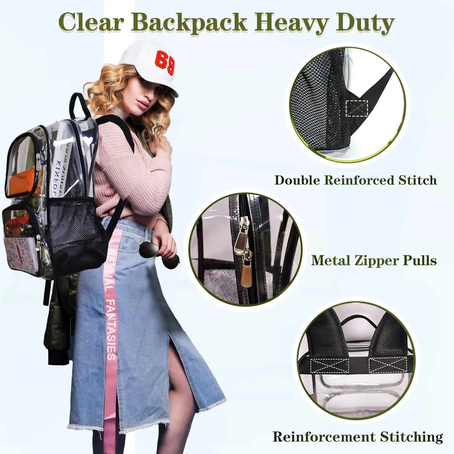 Clear Backpack Heavy Duty,17'' Transparent Bag See Through Backpack for College Work Travel Security,Gray