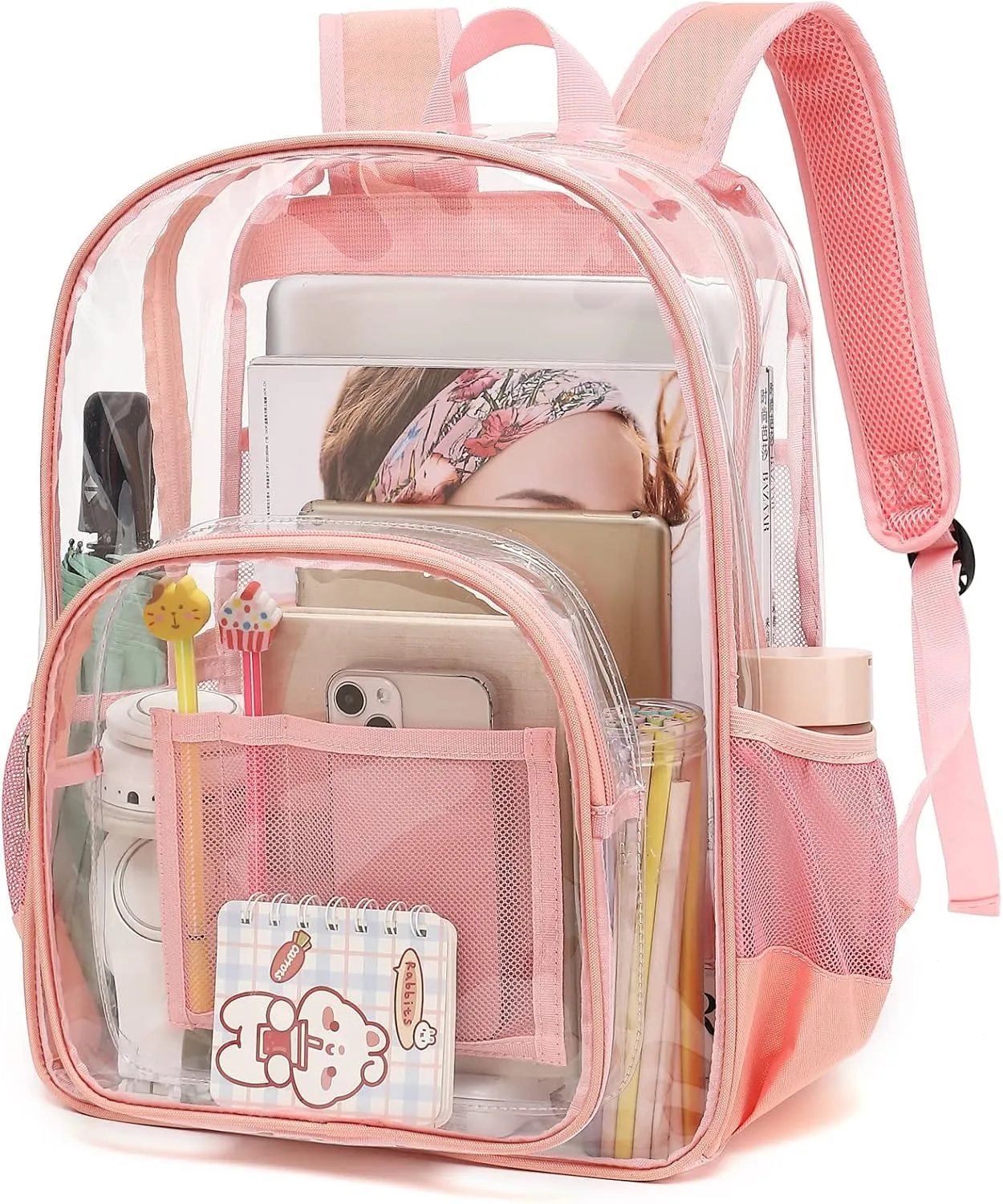 Clear Backpack School Backpack Bookbag for Girls Boys Women Men, Heavy Duty See Through Transparent Backpacks (Pink)
