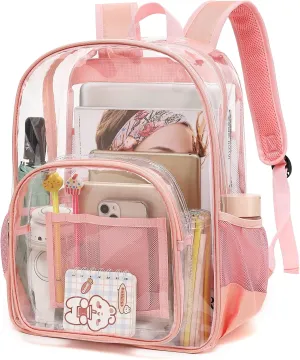 Clear Backpack School Backpack Bookbag for Girls Boys Women Men, Heavy Duty See Through Transparent Backpacks (Pink)