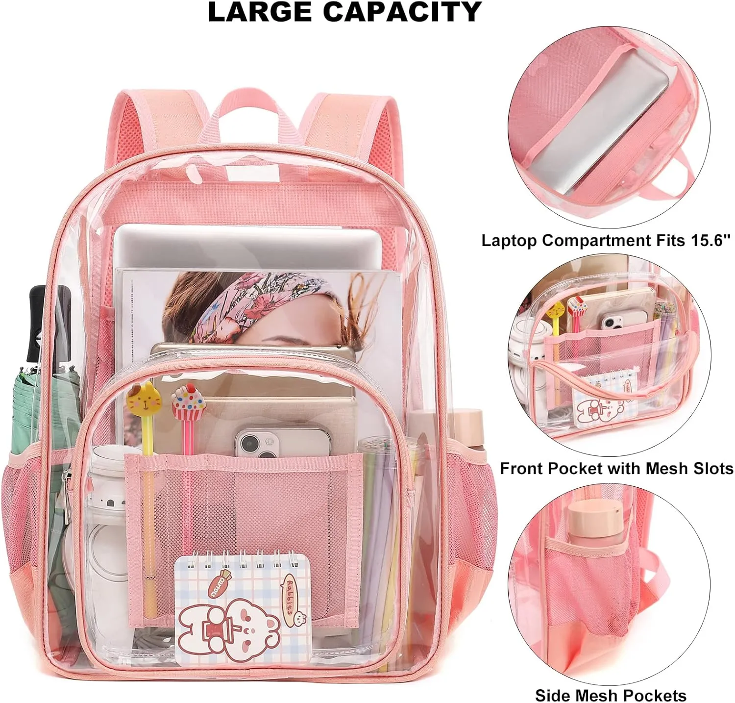 Clear Backpack School Backpack Bookbag for Girls Boys Women Men, Heavy Duty See Through Transparent Backpacks (Pink)