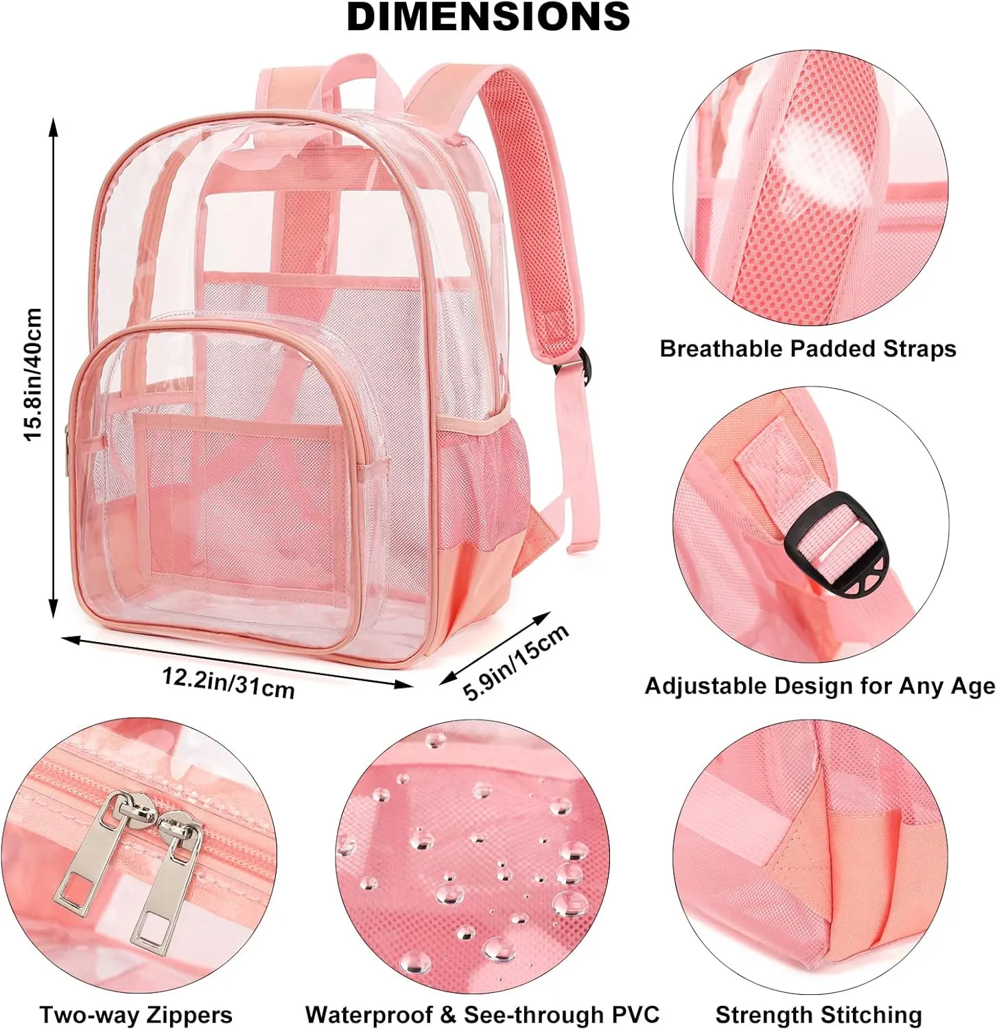 Clear Backpack School Backpack Bookbag for Girls Boys Women Men, Heavy Duty See Through Transparent Backpacks (Pink)