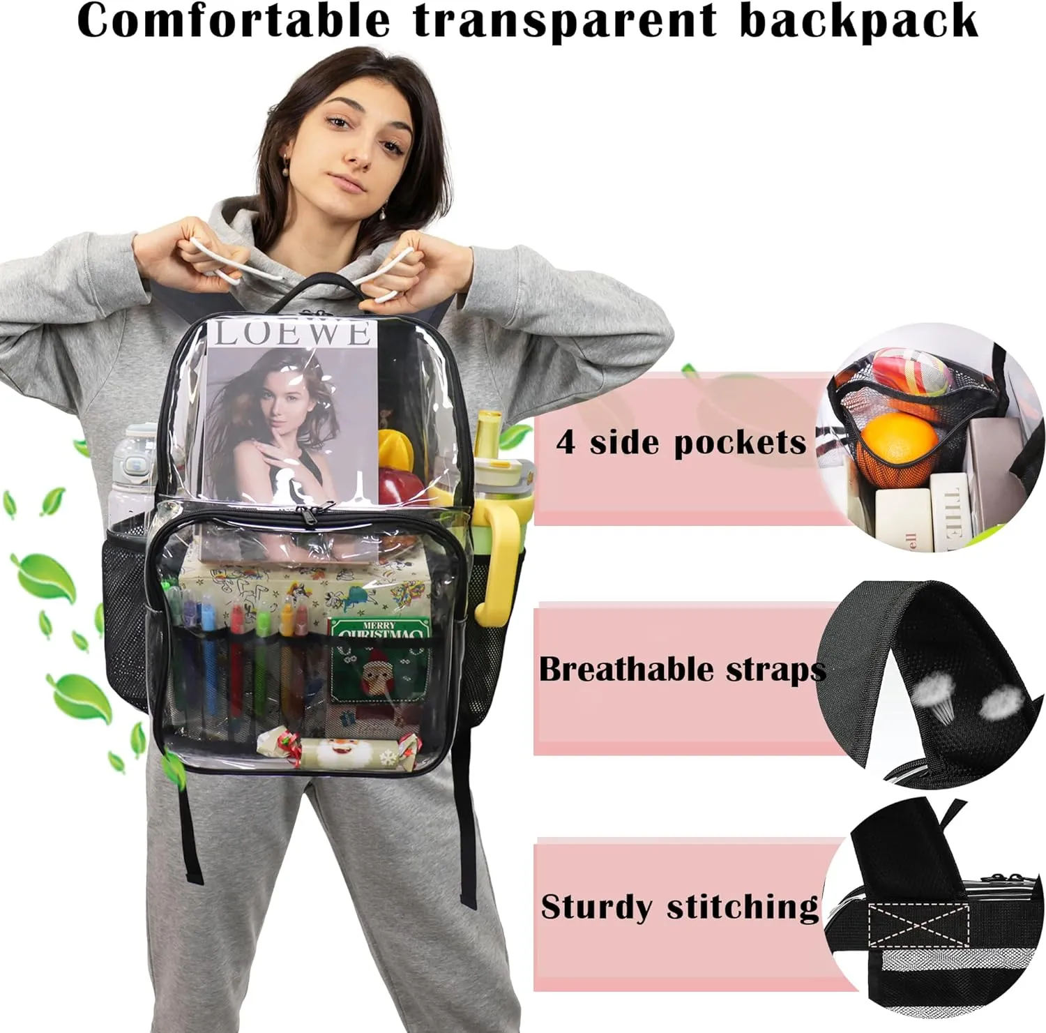 Clear Backpack, See Through Transparent Bookbag for College, Work, Travel - Heavy Duty, Brown