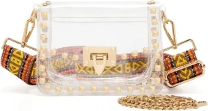 Clear Crossbody Purse Bag for Women Stadium Approved with Studded Rivet, Clear PVC Handbag for Concert & Game Day
