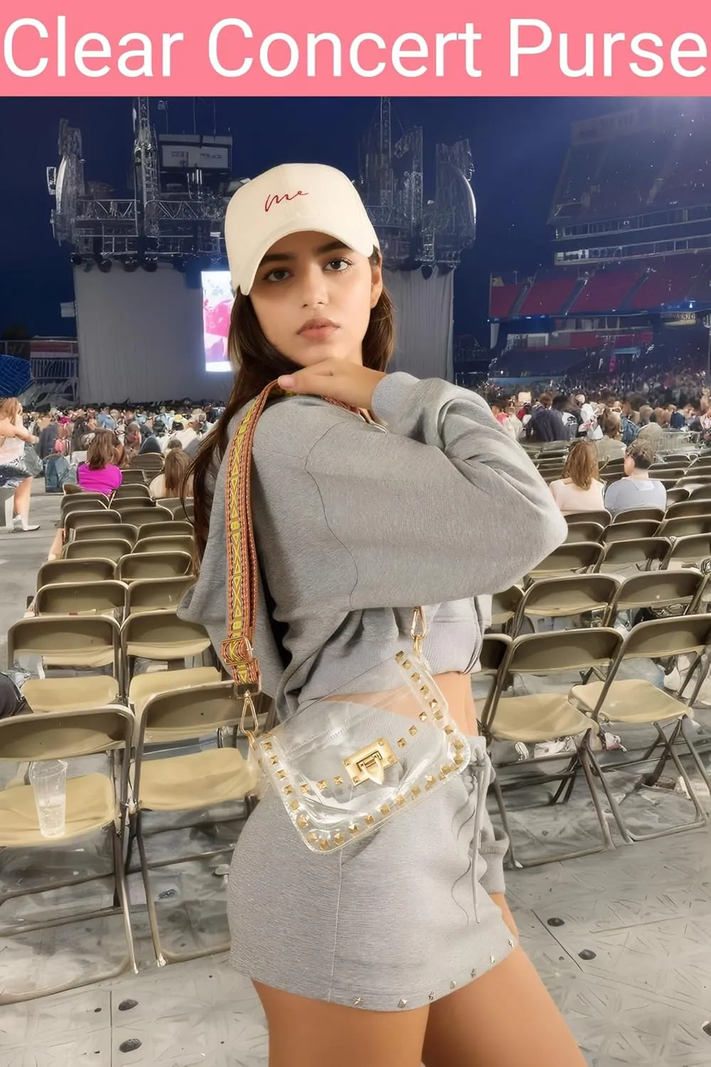 Clear Crossbody Purse Bag for Women Stadium Approved with Studded Rivet, Clear PVC Handbag for Concert & Game Day