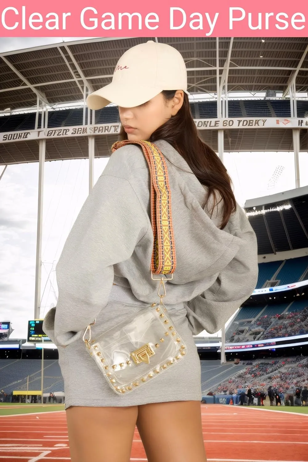 Clear Crossbody Purse Bag for Women Stadium Approved with Studded Rivet, Clear PVC Handbag for Concert & Game Day