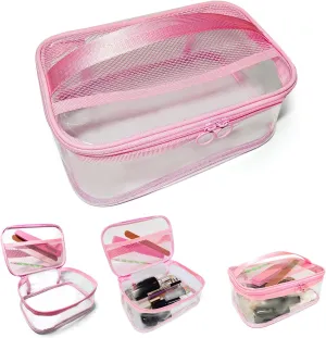 Clear Makeup Bags with Mesh Top，Clear PVC with Zipper Handle Portable Travel Luggage Pouch，TSA Approved Cosmetic Organizer (Pink)