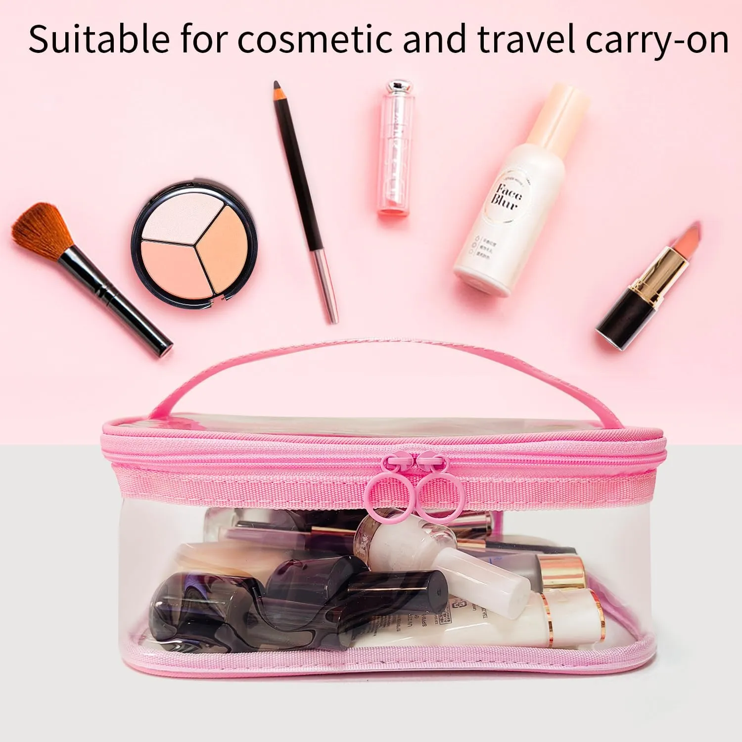 Clear Makeup Bags with Mesh Top，Clear PVC with Zipper Handle Portable Travel Luggage Pouch，TSA Approved Cosmetic Organizer (Pink)