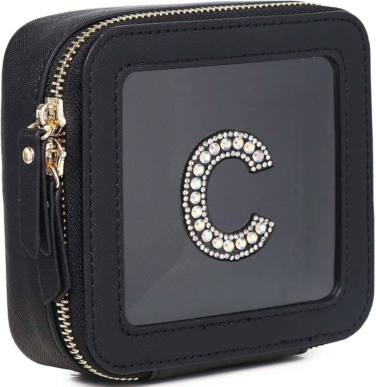 Clear Mini Makeup Bag Personalized Initial Cosmetic Bag Small Makeup Case & Toiletry Bag Birthday Gift for Women (C, Mini/Black)