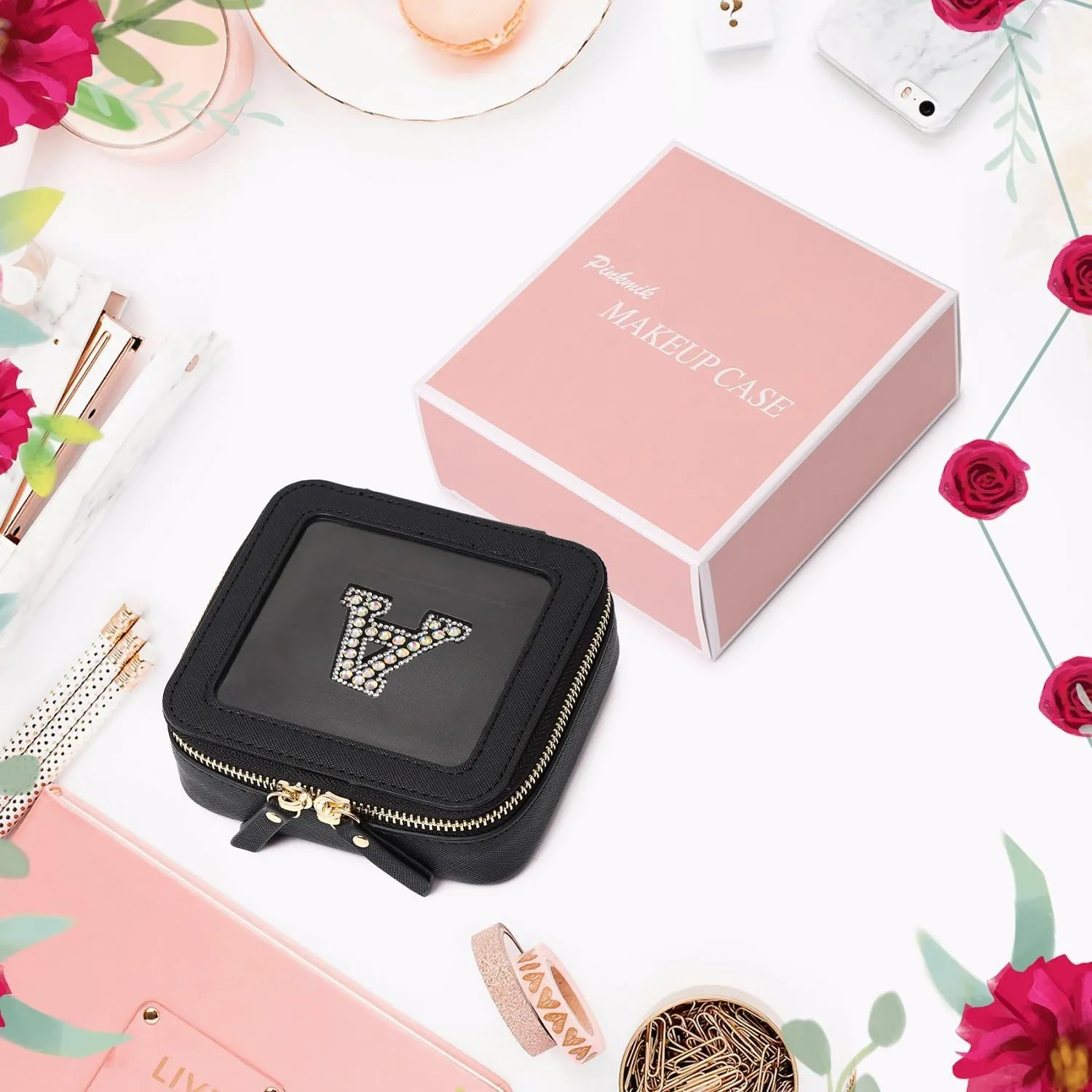 Clear Mini Makeup Bag Personalized Initial Cosmetic Bag Small Makeup Case & Toiletry Bag Birthday Gift for Women (C, Mini/Black)