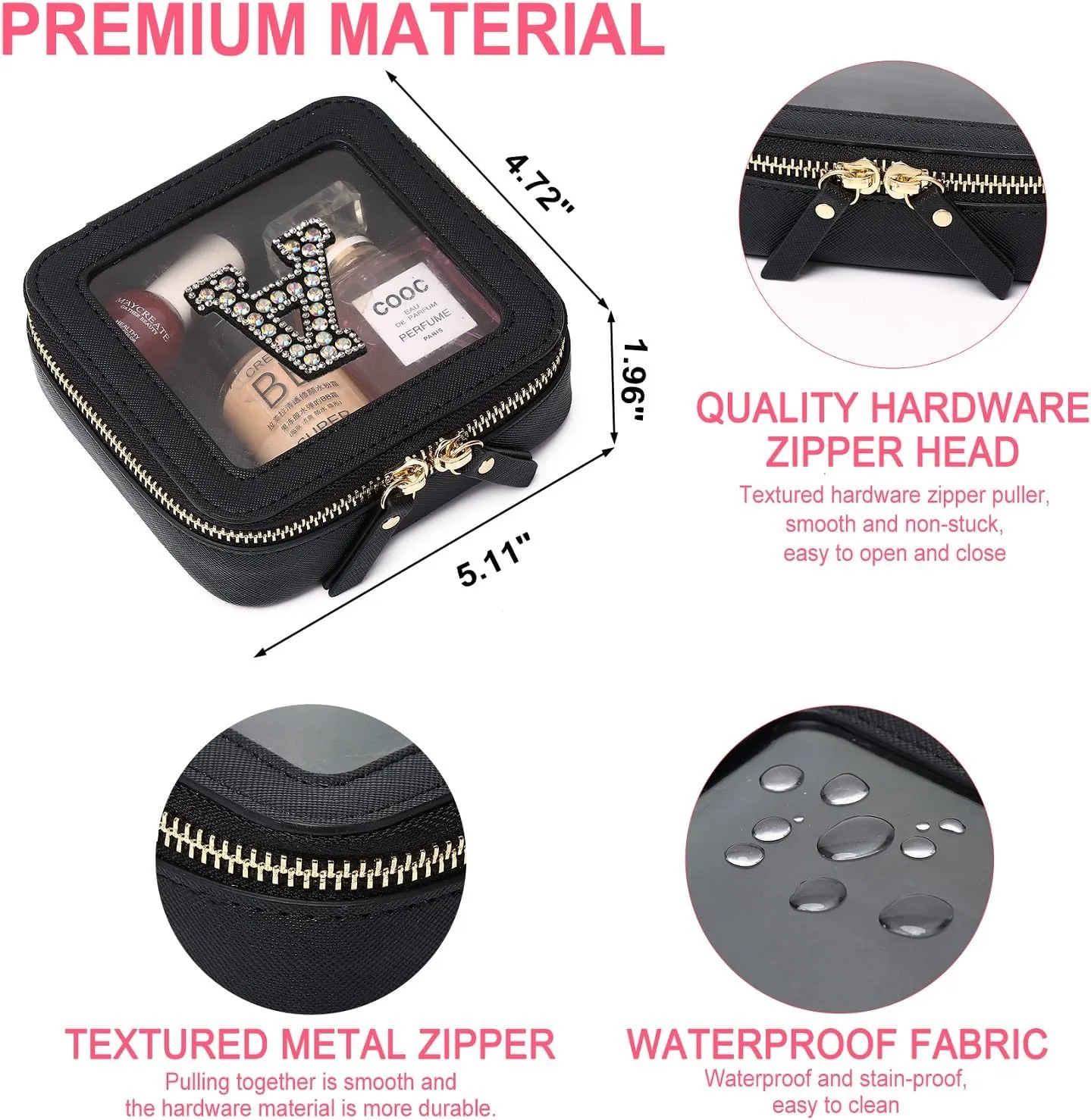 Clear Mini Makeup Bag Personalized Initial Cosmetic Bag Small Makeup Case & Toiletry Bag Birthday Gift for Women (D, Mini/Black)