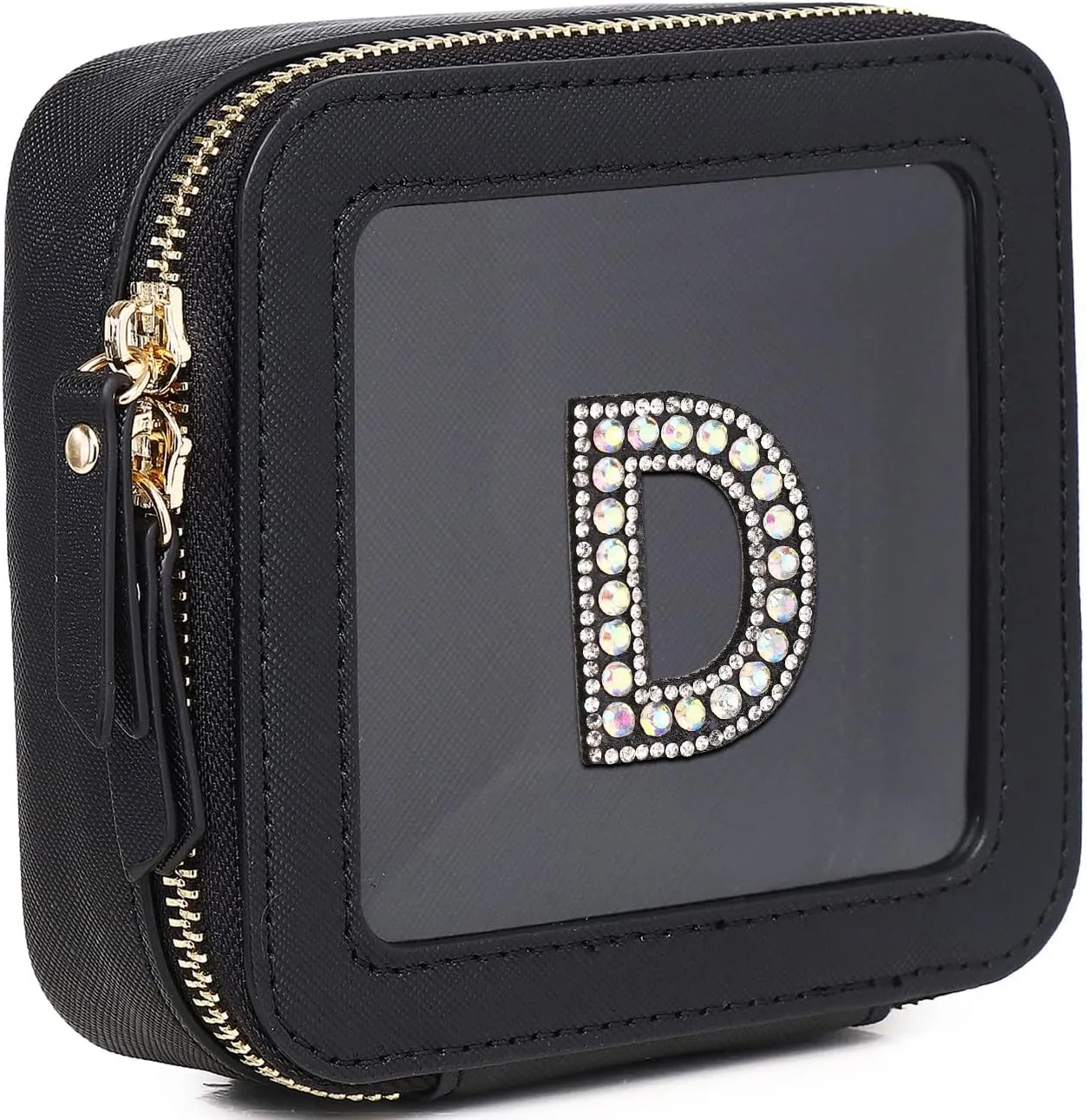 Clear Mini Makeup Bag Personalized Initial Cosmetic Bag Small Makeup Case & Toiletry Bag Birthday Gift for Women (D, Mini/Black)