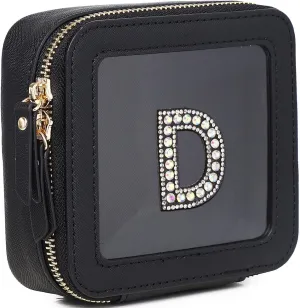 Clear Mini Makeup Bag Personalized Initial Cosmetic Bag Small Makeup Case & Toiletry Bag Birthday Gift for Women (D, Mini/Black)