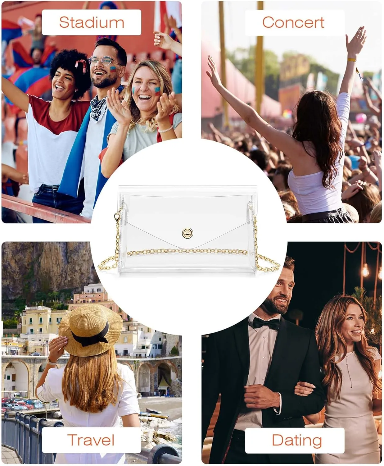 Clear Purse for Women, Stadium Approved Crossbody Bag with 2 Straps for Concerts