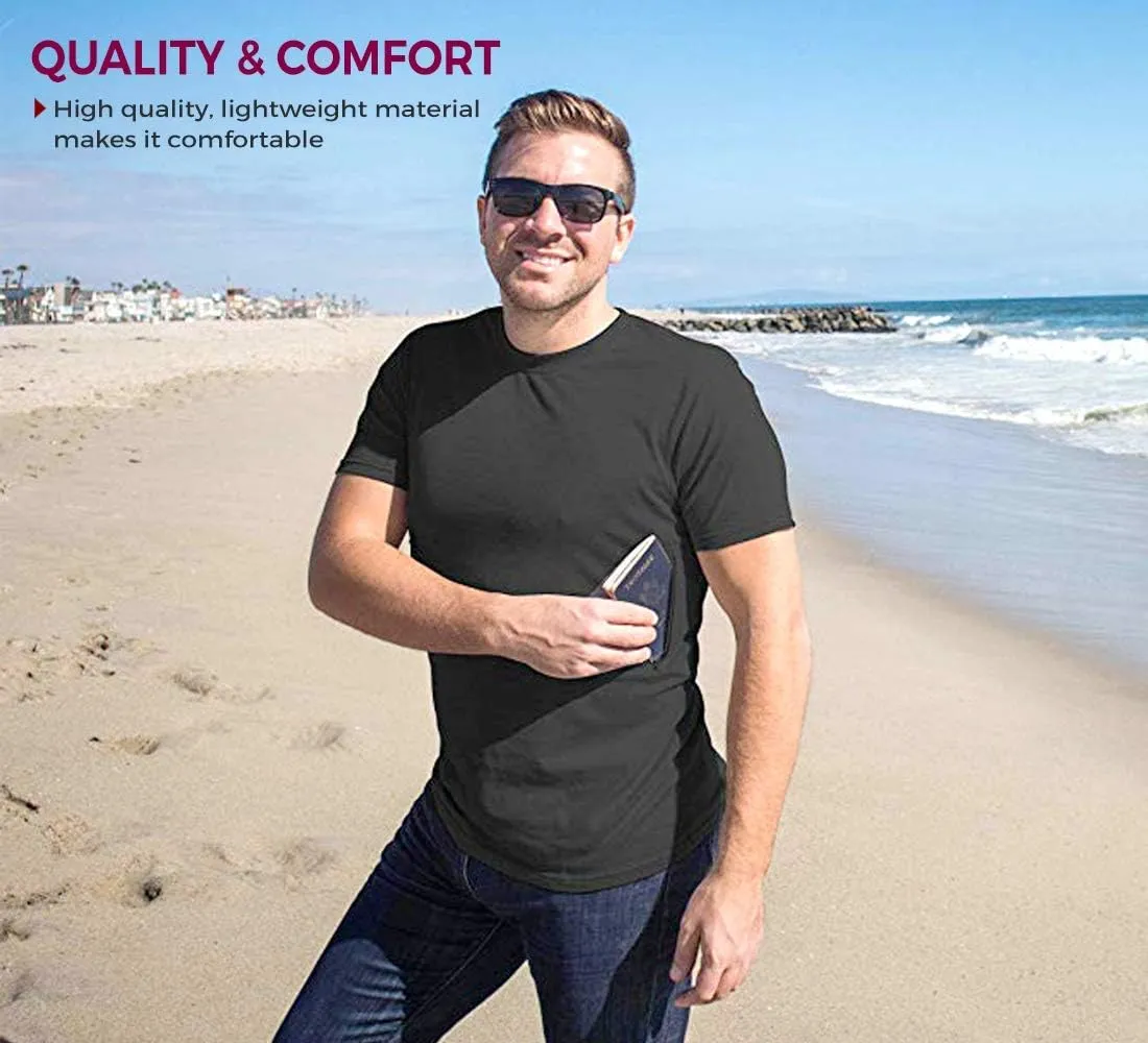 Clever Travel Companion Crew Neck Men's Tee Shirt - Pickpocket Proof Cotton Sublimation Tees with 2 Secret Hidden Pocket