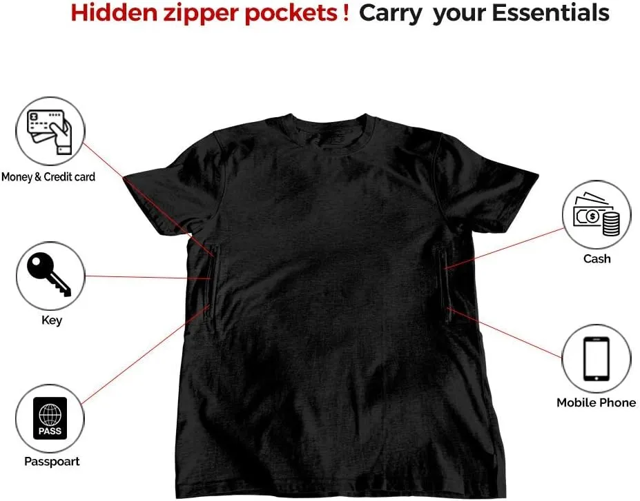 Clever Travel Companion Crew Neck Men's Tee Shirt - Pickpocket Proof Cotton Sublimation Tees with 2 Secret Hidden Pocket