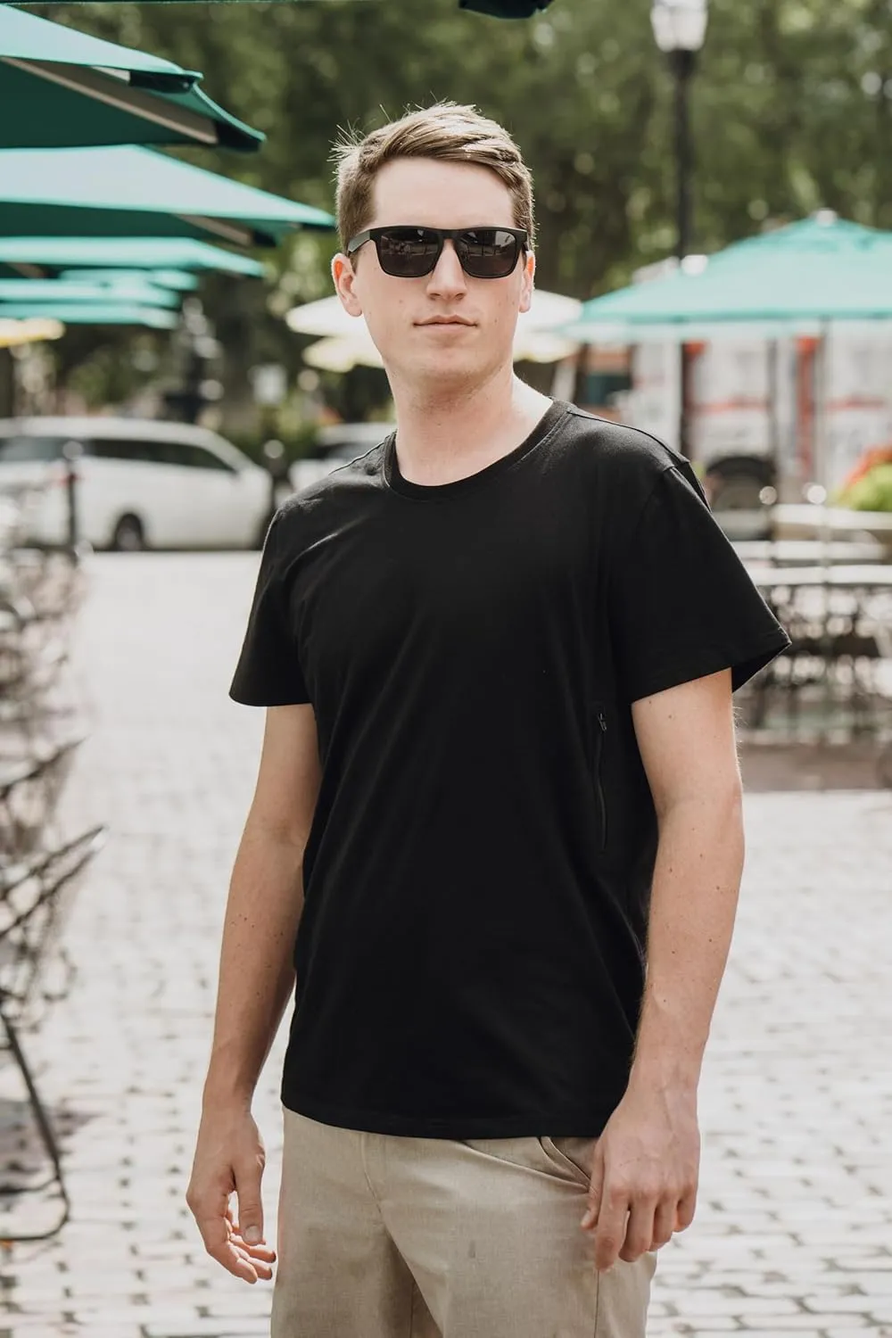 Clever Travel Companion Crew Neck Men's Tee Shirt - Pickpocket Proof Cotton Sublimation Tees with 2 Secret Hidden Pocket