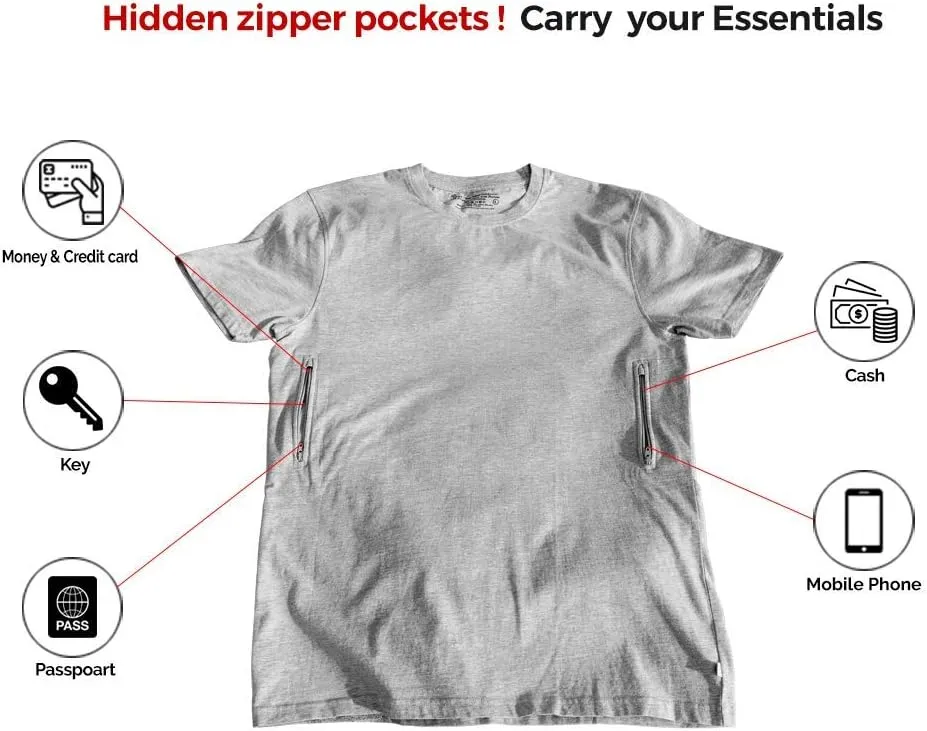 Clever Travel Companion Crew Neck Men's Tee Shirt - Pickpocket Proof Cotton Sublimation Tees with 2 Secret Hidden Pocket
