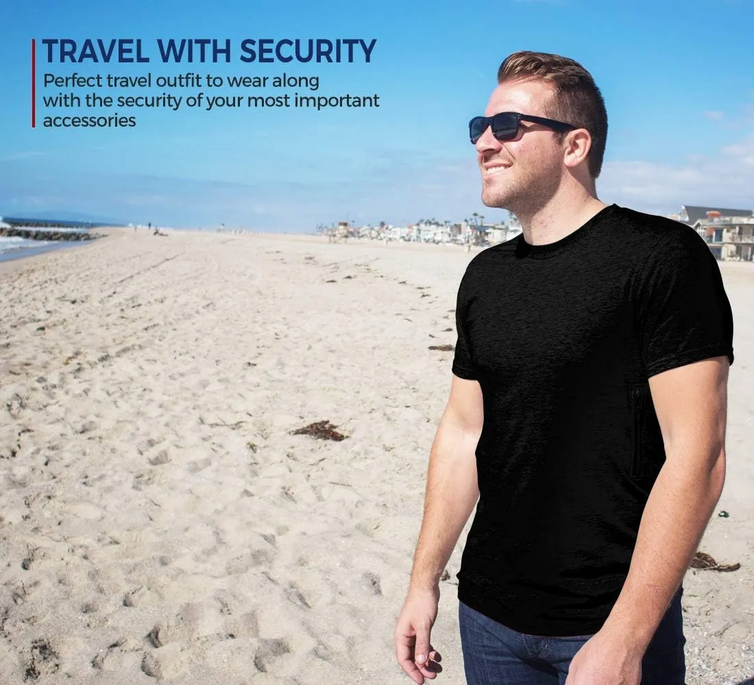 Clever Travel Companion Crew Neck Men's Tee Shirt - Pickpocket Proof Cotton Sublimation Tees with 2 Secret Hidden Pocket