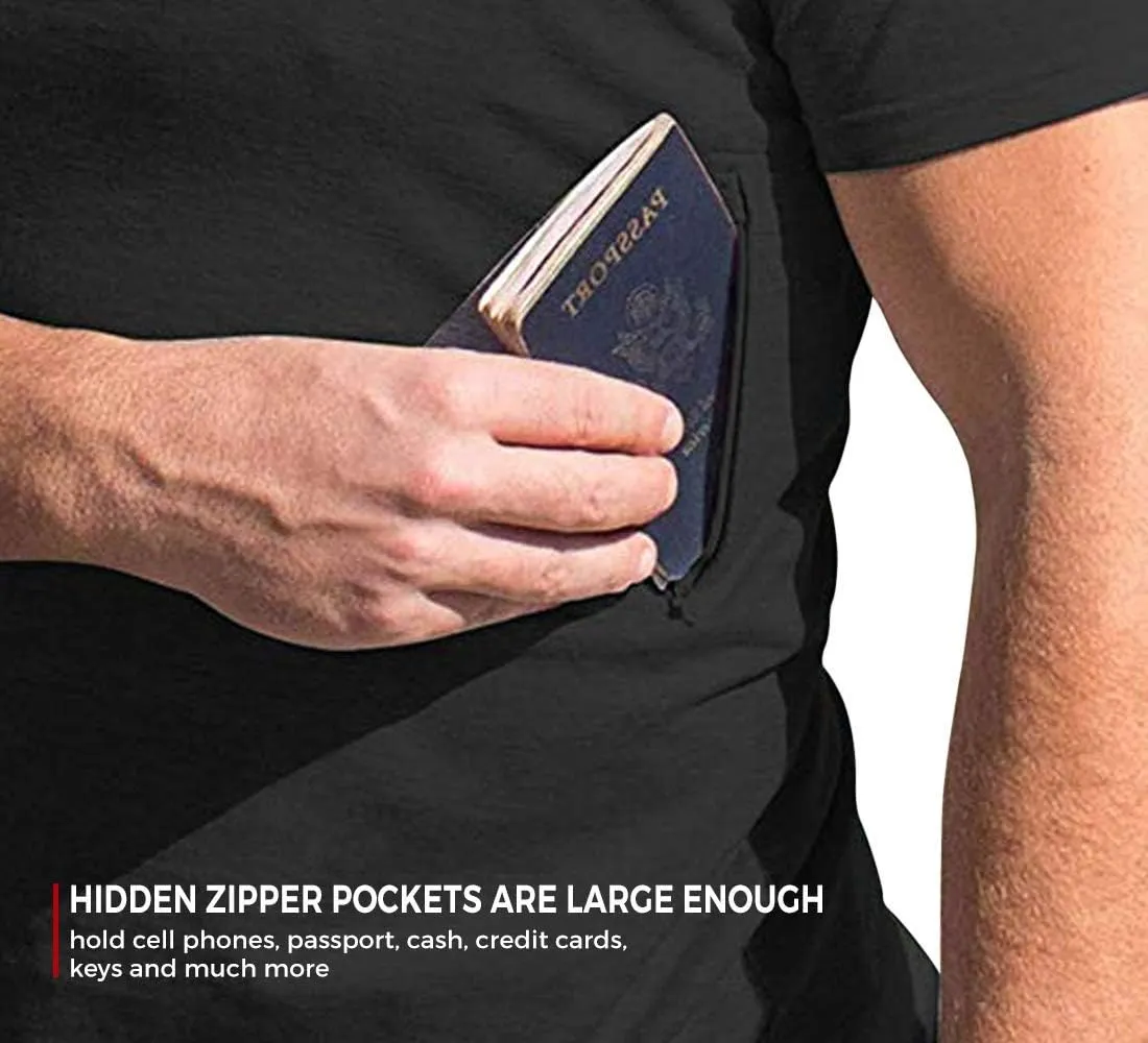 Clever Travel Companion Crew Neck Men's Tee Shirt - Pickpocket Proof Cotton Sublimation Tees with 2 Secret Hidden Pocket