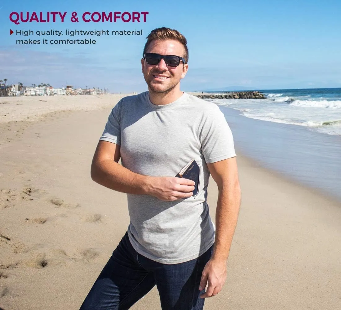 Clever Travel Companion Crew Neck Men's Tee Shirt - Pickpocket Proof Cotton Sublimation Tees with 2 Secret Hidden Pocket