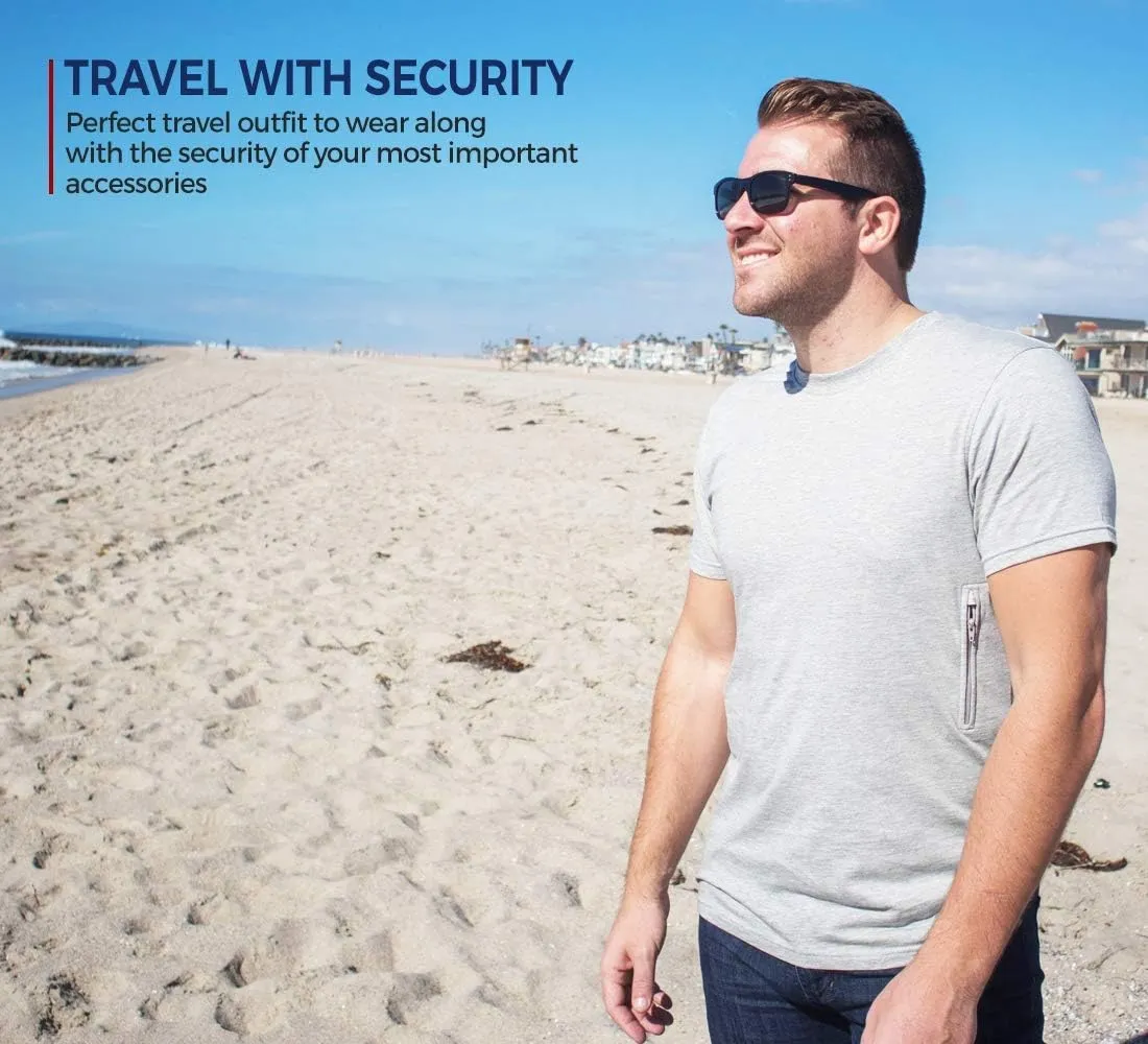 Clever Travel Companion Crew Neck Men's Tee Shirt - Pickpocket Proof Cotton Sublimation Tees with 2 Secret Hidden Pocket