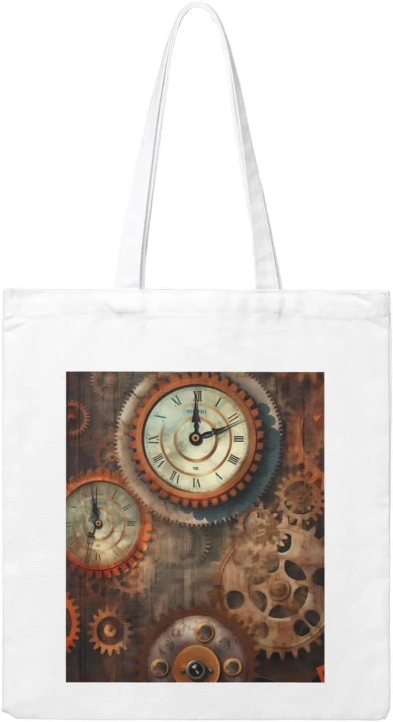 (Clocks And Gears) Reusable Canvas Tote Bag For Women Shoulder Bag For Shopping Grocery Beach Travel Work