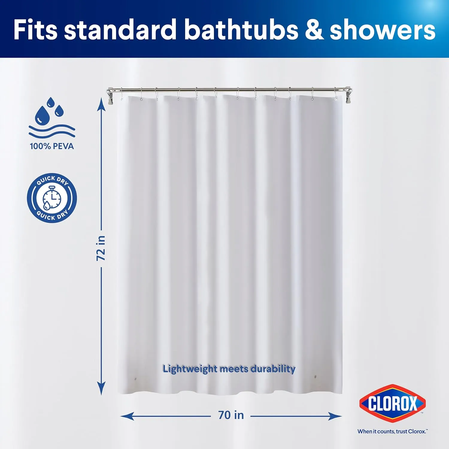 CLOROX Shower Curtain Liner, Premium Lightweight Durable Waterproof 4g PEVA for Bathroom with Weighted Magnets, Standard Size 70" x 72", Frosty 1 Pack