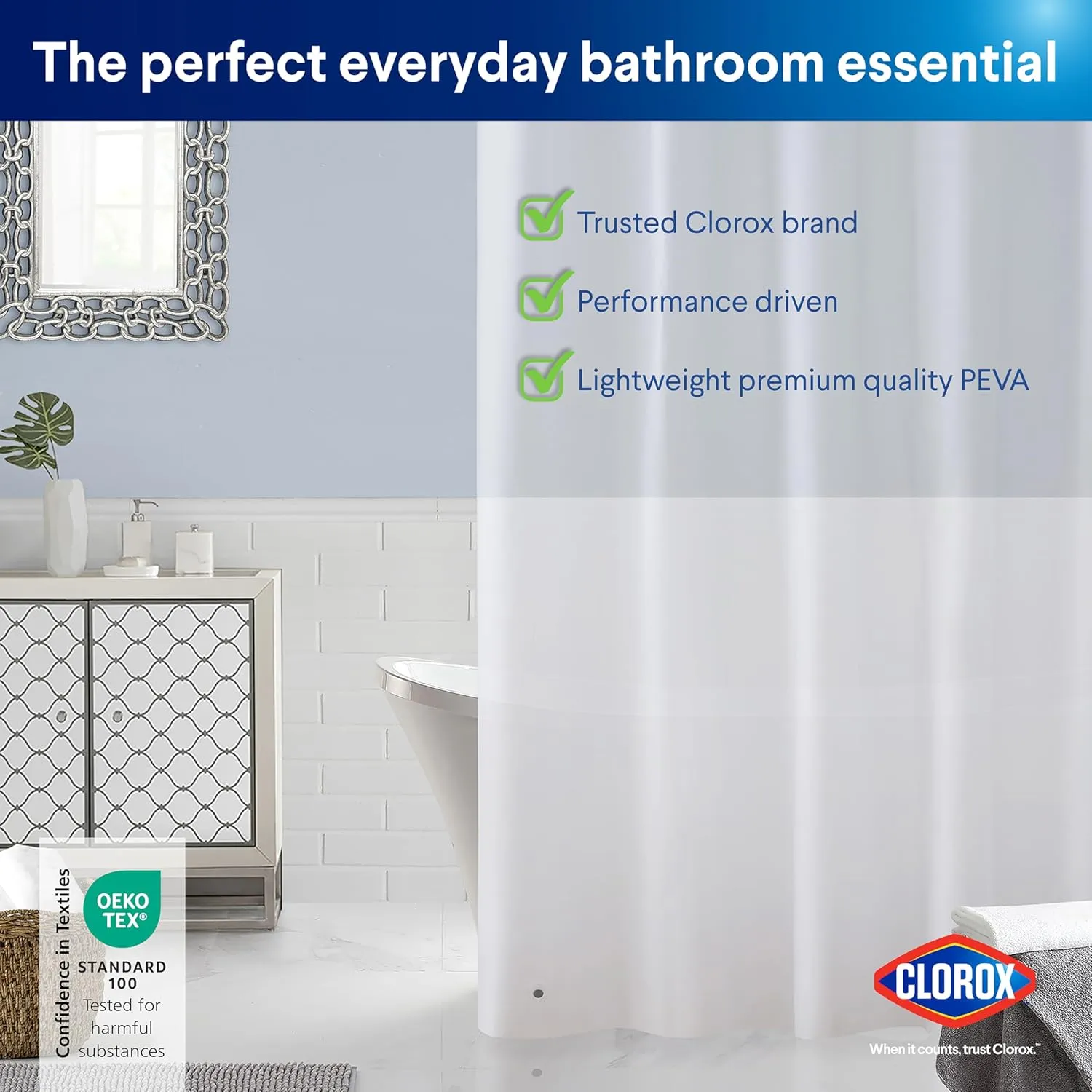 CLOROX Shower Curtain Liner, Premium Lightweight Durable Waterproof 4g PEVA for Bathroom with Weighted Magnets, Standard Size 70" x 72", Frosty 1 Pack