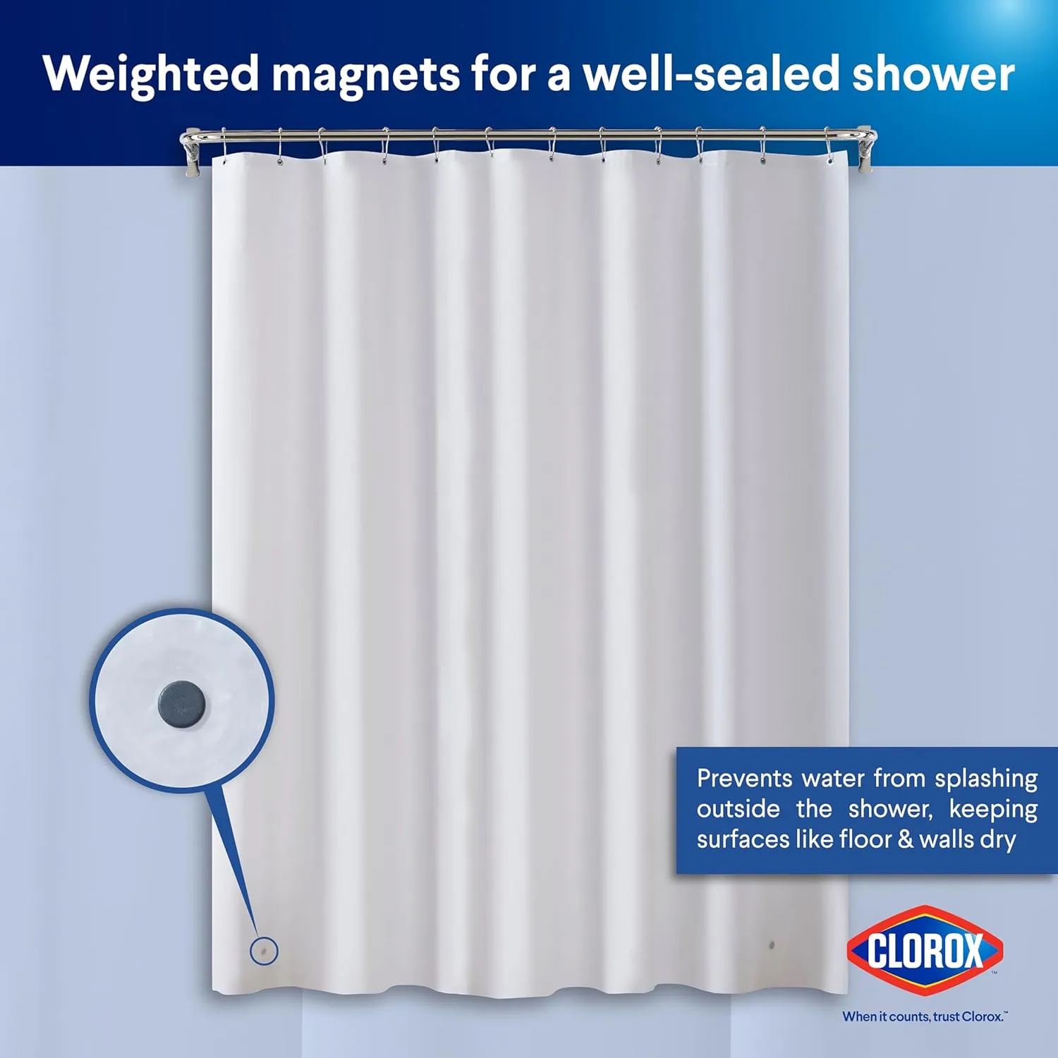 CLOROX Shower Curtain Liner, Premium Lightweight Durable Waterproof 4g PEVA for Bathroom with Weighted Magnets, Standard Size 70" x 72", Frosty 1 Pack