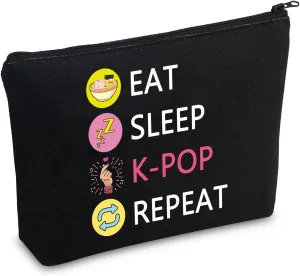 CMNIM K-POP Makeup Bag Eat Sleep K-POP Repeat Travel Pouch K-pop Merchandise Gift for Women Girl (Eat Sleep K-POP Repeat Black MB)