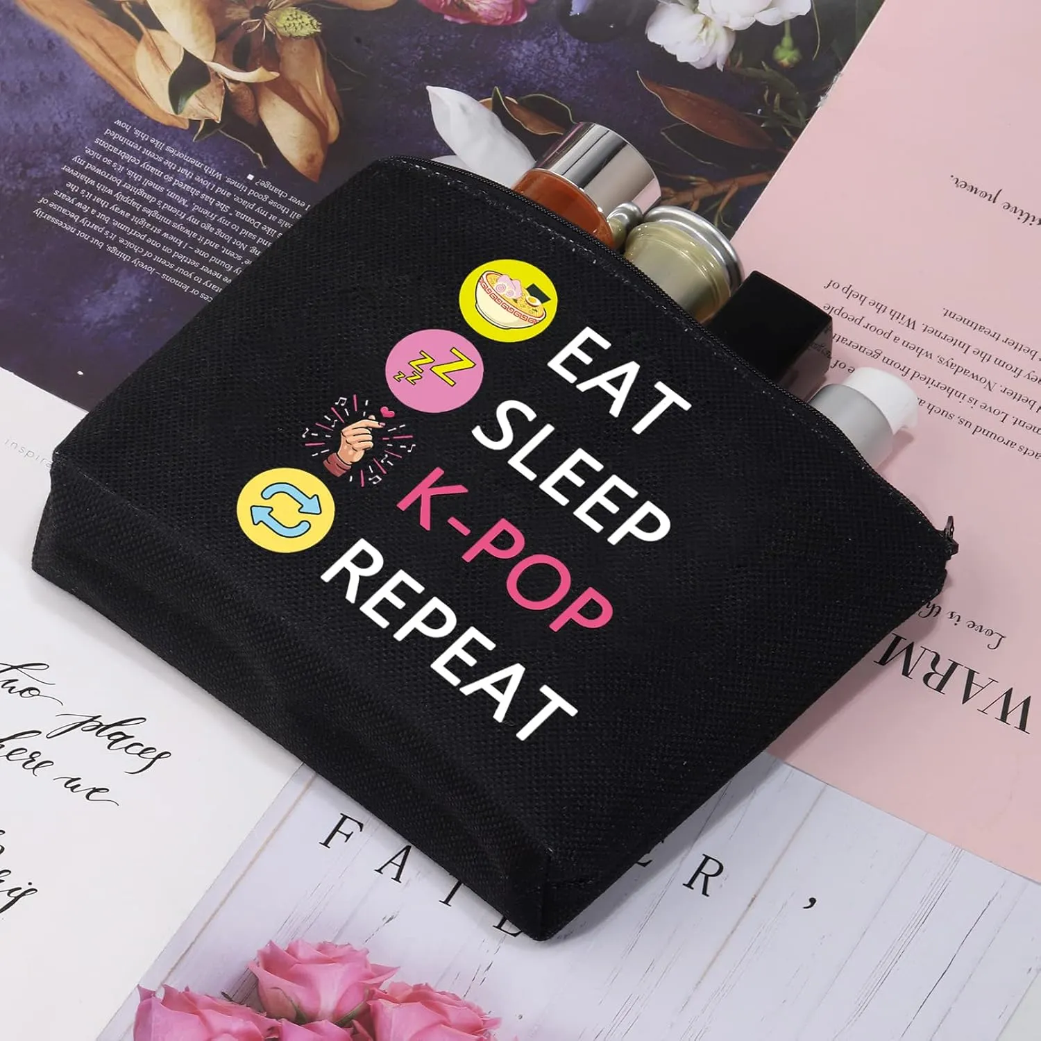 CMNIM K-POP Makeup Bag Eat Sleep K-POP Repeat Travel Pouch K-pop Merchandise Gift for Women Girl (Eat Sleep K-POP Repeat Black MB)