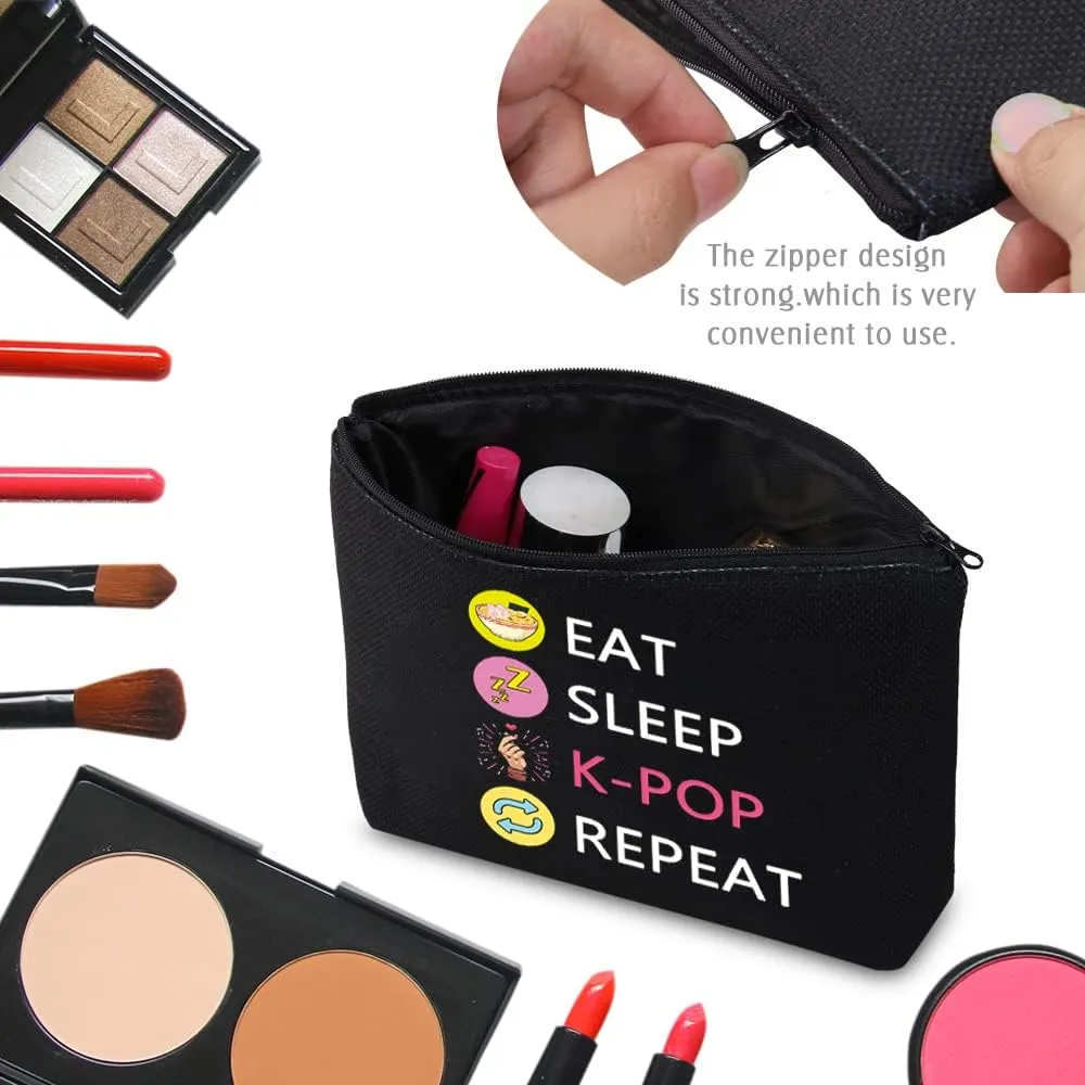CMNIM K-POP Makeup Bag Eat Sleep K-POP Repeat Travel Pouch K-pop Merchandise Gift for Women Girl (Eat Sleep K-POP Repeat Black MB)