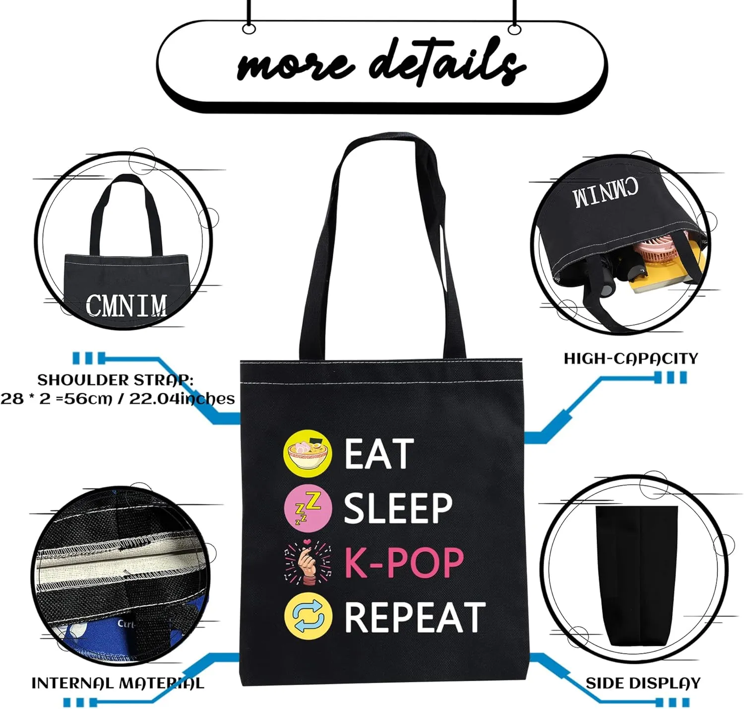 CMNIM K-POP Makeup Bag Eat Sleep K-POP Repeat Travel Pouch Merchandise Gift for Women, Girl (Black TB)